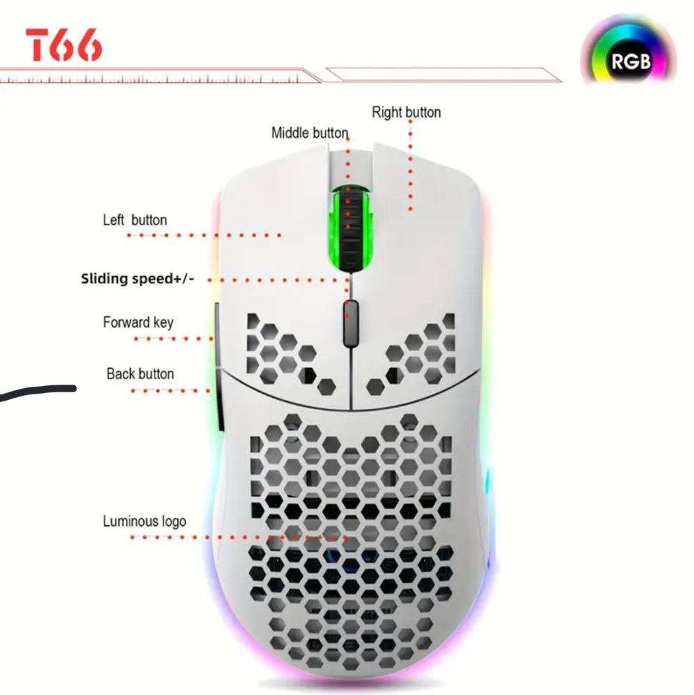 HXSJ 2.4G Wireless White Edition Gaming Mouse with RGB Lighting,
