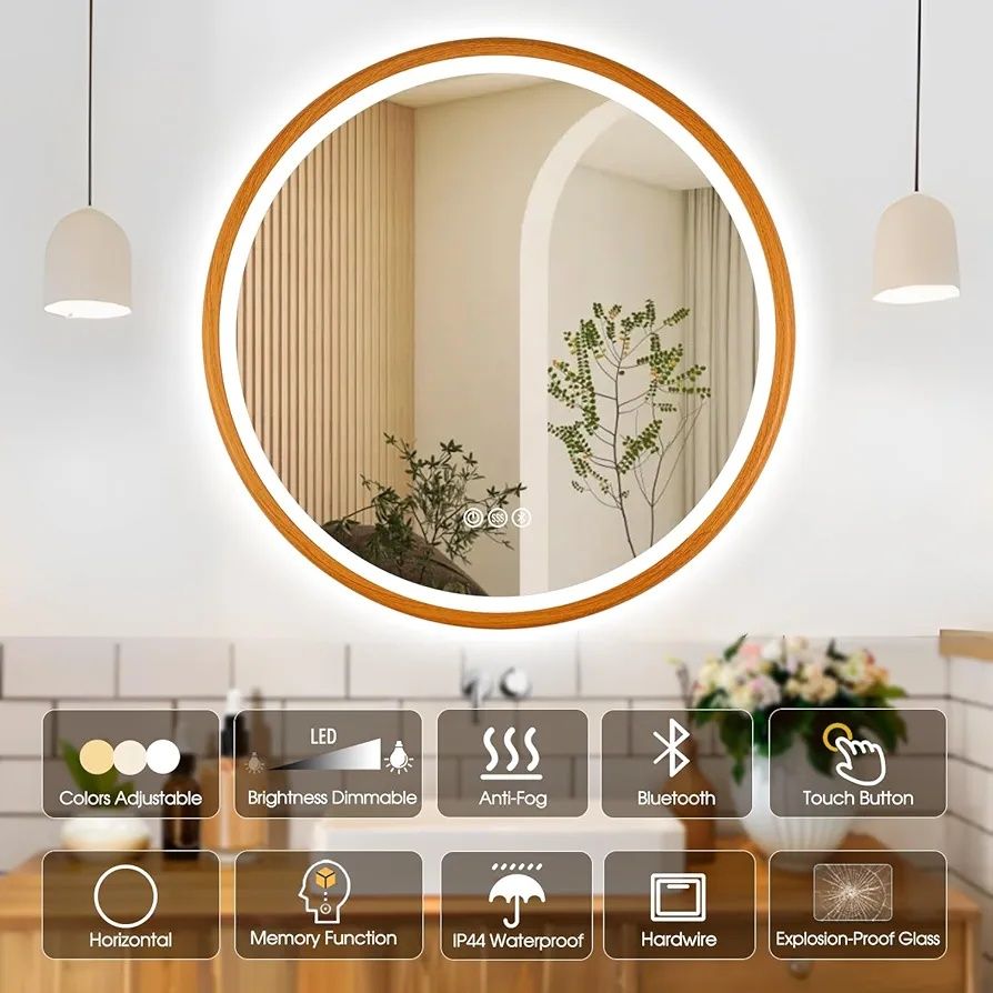 Кръгло LED огледало за баня Ф60/80 см, bluetooth обезпотяване дървесна