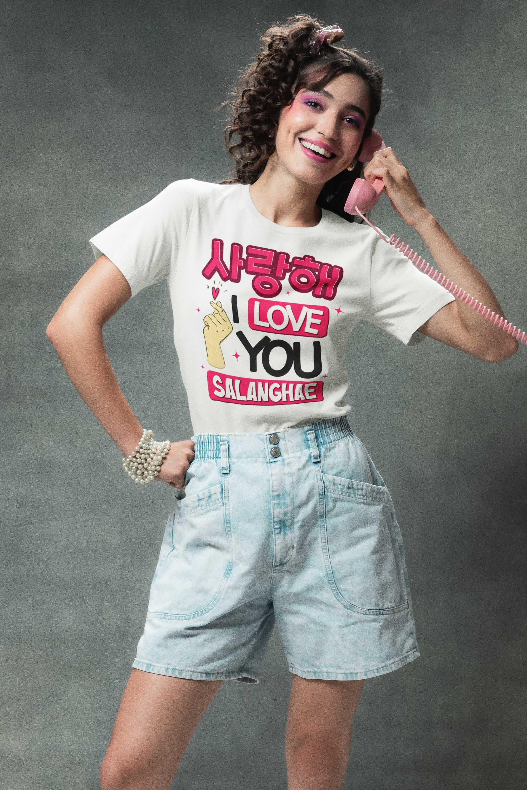 Дамска памучена тениска с щампа "Salanghae" на Корейски