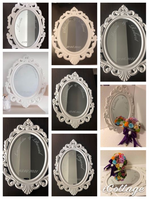 Oglinda de mireasa personalizata gravata  cu numele  si data nunti