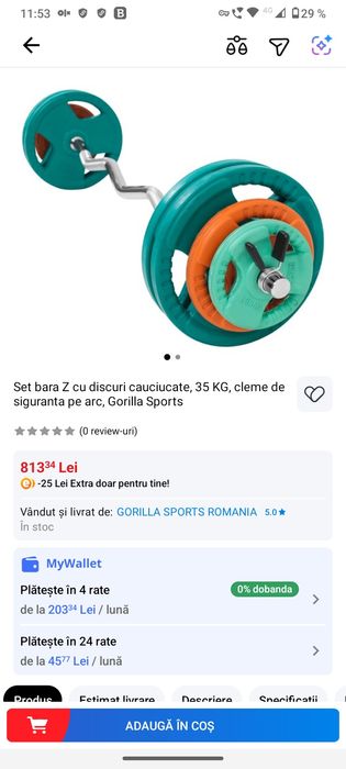 Vând halteră Gorilla Sports 35 kg, bara Z, discuri cauciucate, Nou