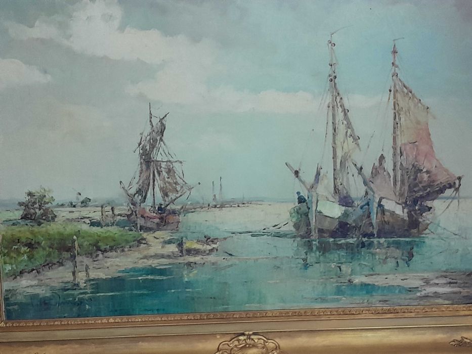 Tablou vechi, pictură flamandă, marină, U/P - 100cm x 80cm, ramă epocă