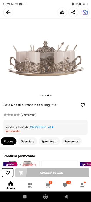 Set 6 Cani Din Portelan Cu Tava, Lingurite Si Zaharnita Argintata