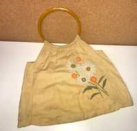Платнена пазарска чанта - ретро, двулицева, с твърди дръжки