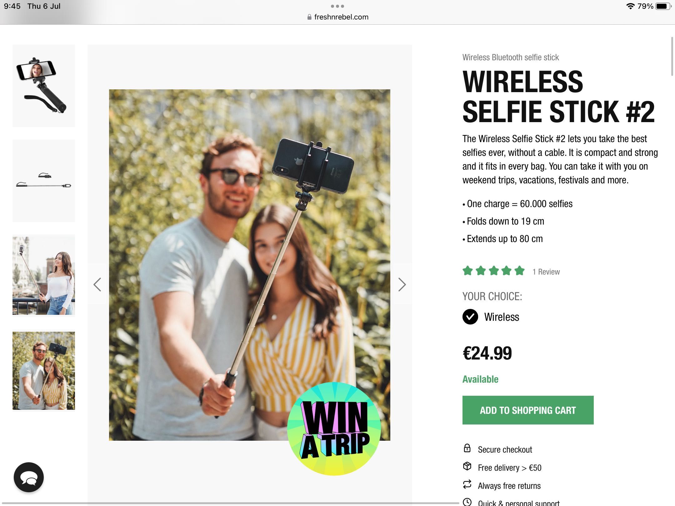 Селфи стик Fresh N Rebel - Wireless Selfie Stick 2, черен