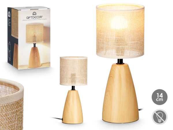 Lampa de masa, baza ceramica cu efect lemn, abajur textil bej, E27