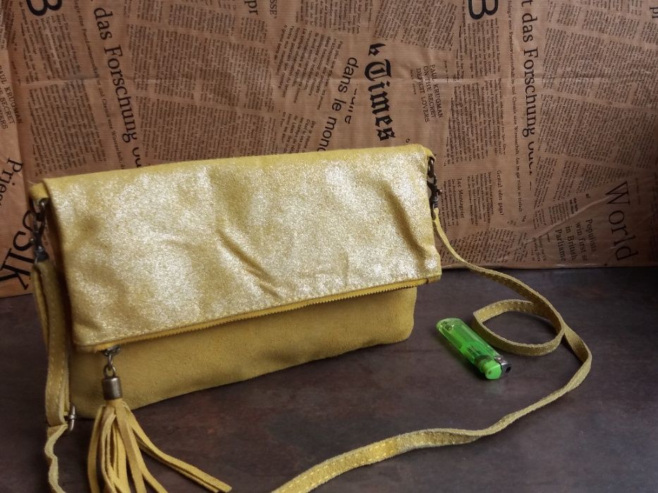 дамска чанта,велурена торба-жълта естествена кожа,велур