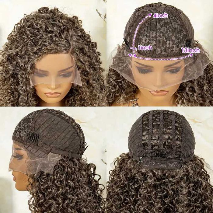 Тъмно руса омбре къдрава перука с руси краища лейс фронт 13*4*1