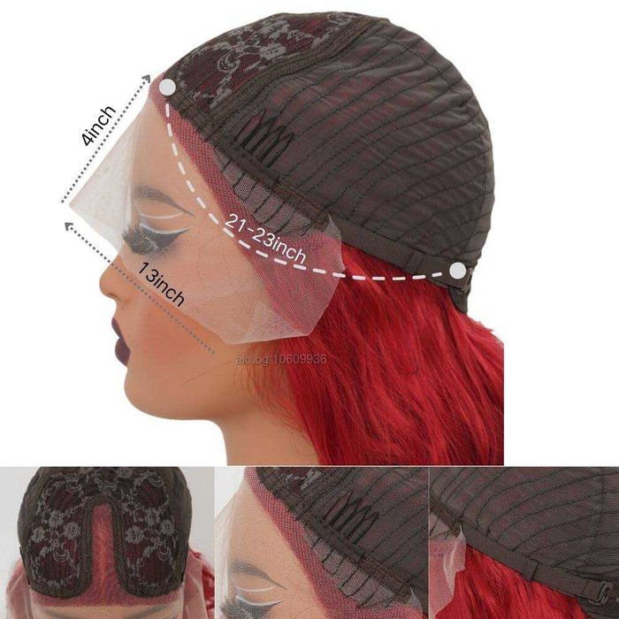 60 см червена чуплива перука с дантела 4*1