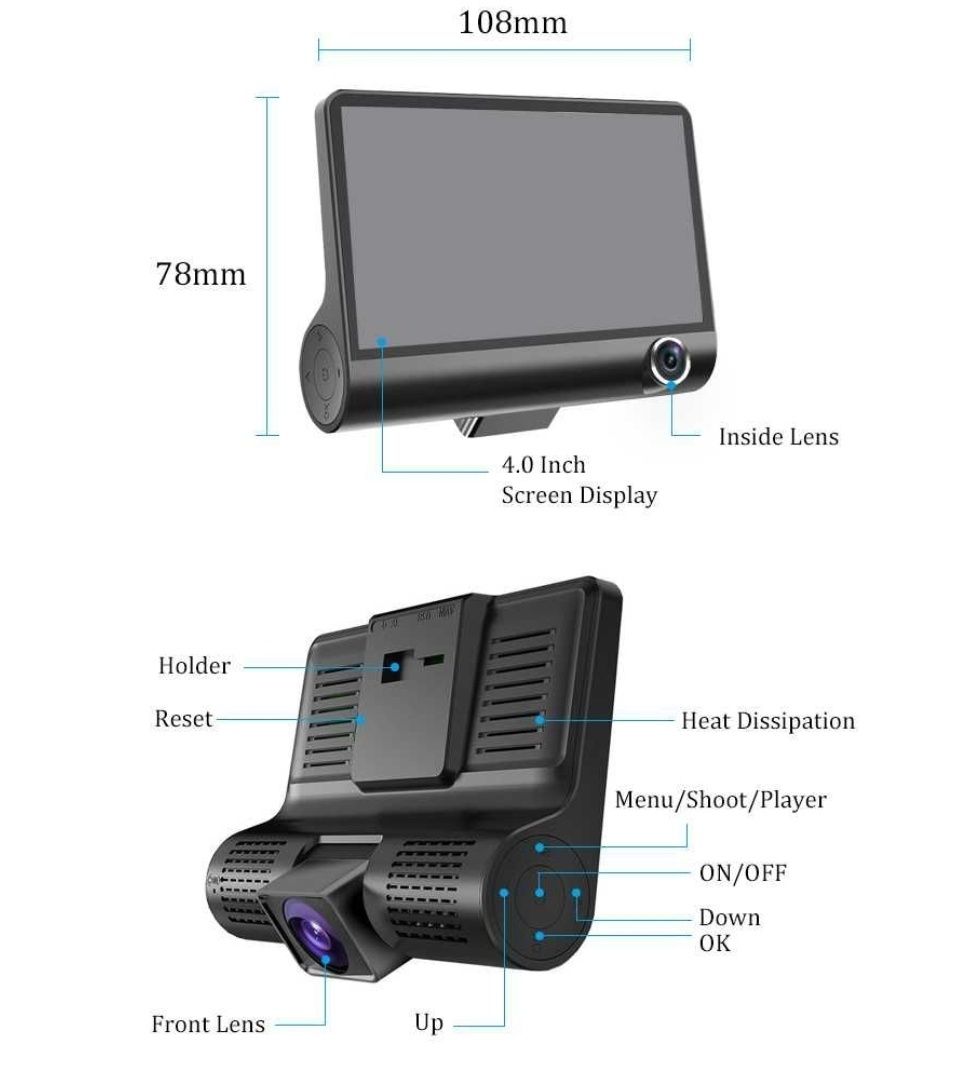 4 инча Dash Cam Видеорегистратор Камера за Кола с 2 лещи + 32GB карта