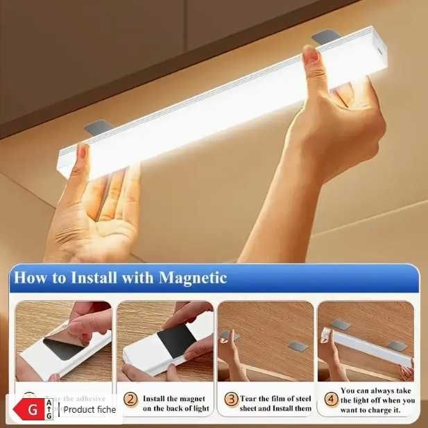 50 см LED лампа, сензор движение, топла бяла светлина,USB, без дупчене