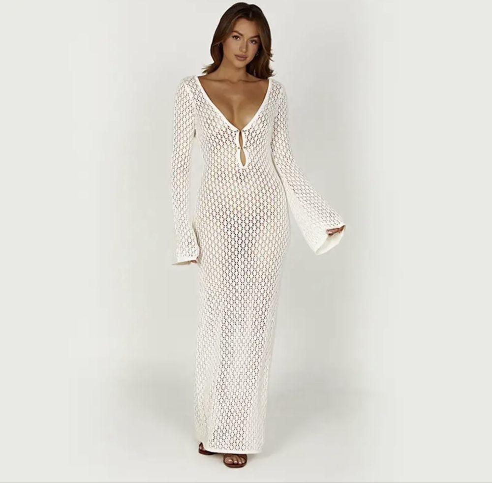 Rochie (Daira-Shop.ro) Meshki Alba Crosetata Lunga Plaja Decoltata