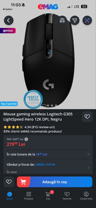 Mouse gaming wireless Logitech G305 LightSpeed Hero 12K DPI, Negru