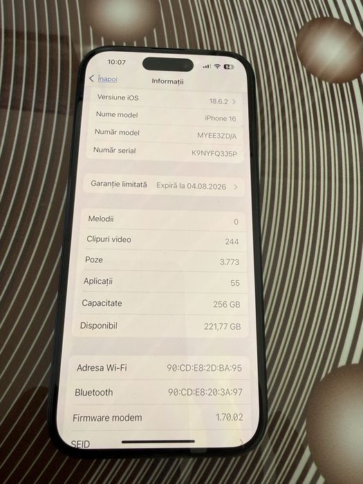 Iphone 16 negru/256g/100% baterie