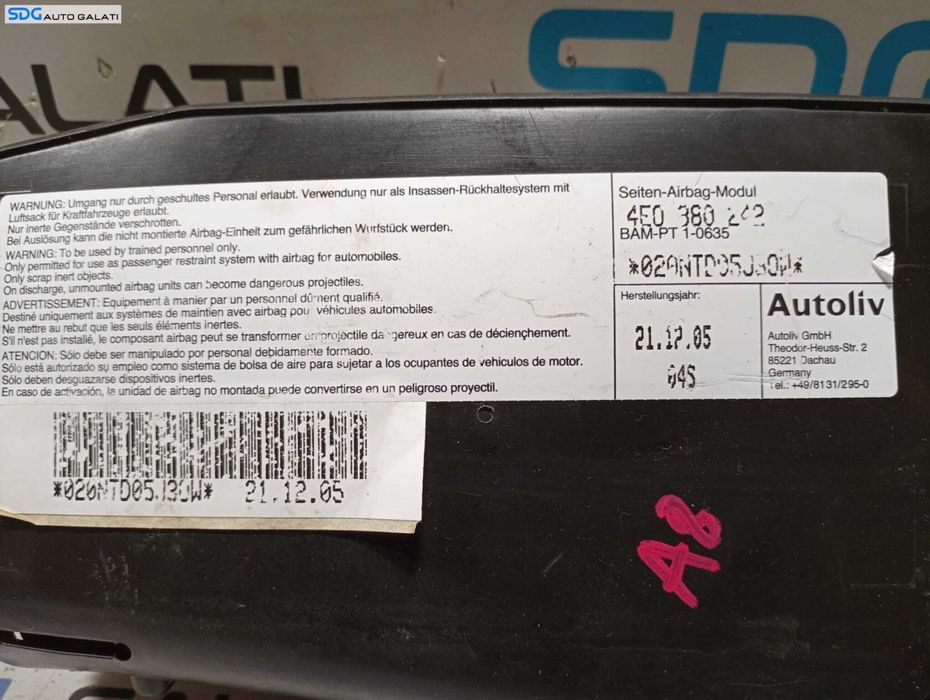Airbag din Scaun Dreapta Fata Pasager Audi A8 D3 2003 - 2010 Cod 4E0880242 [M5137]