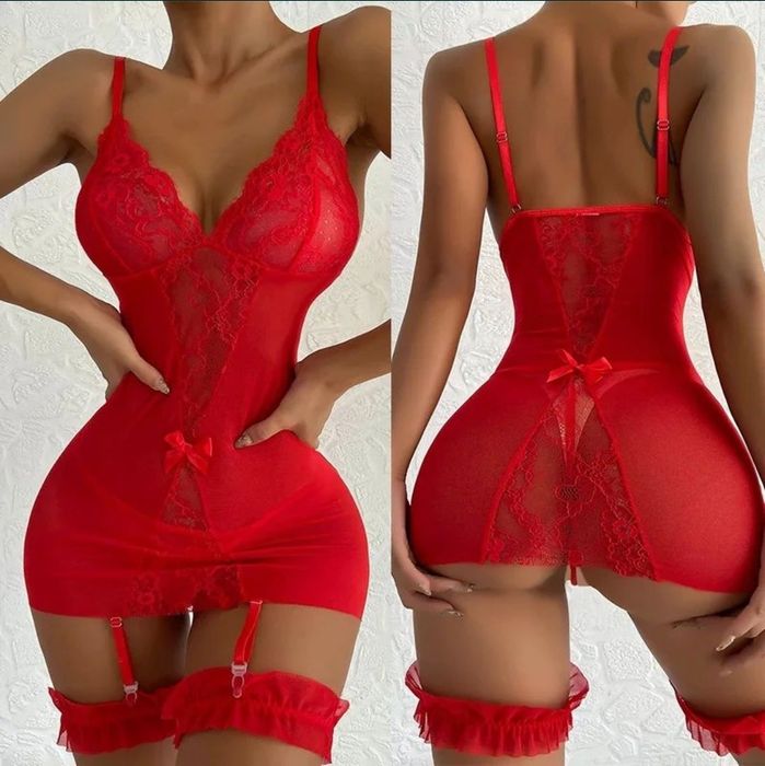 Costum Sexi Dantela cu portjartiere și tanga, negru sau rosu