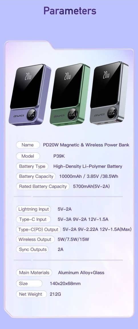 Awei P39K Magnetic Wireless Mini Power Bank 10000mAh For iPhone 13/14