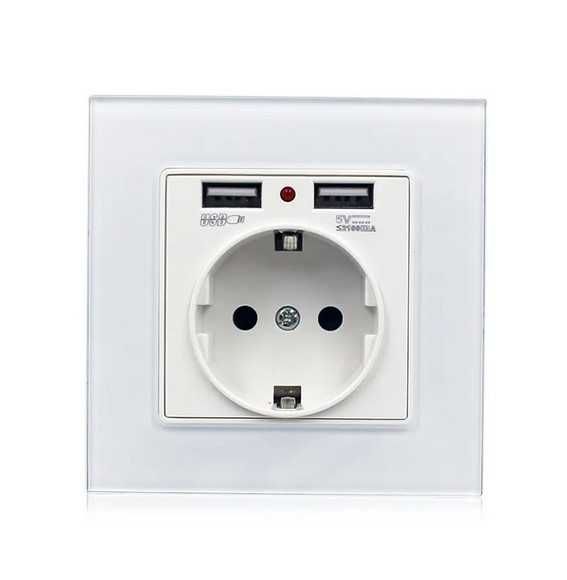 Стенен контакт с два USB порта за зареждане 5V 2.1A (стъклена рамка)