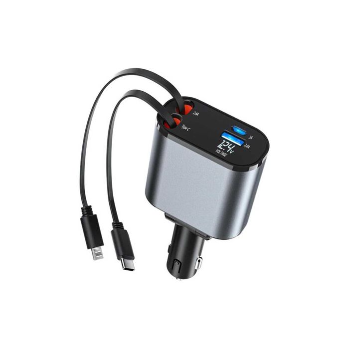 Incarcator Auto, cabluri retractabile, USB-C si Lightning, rapid
