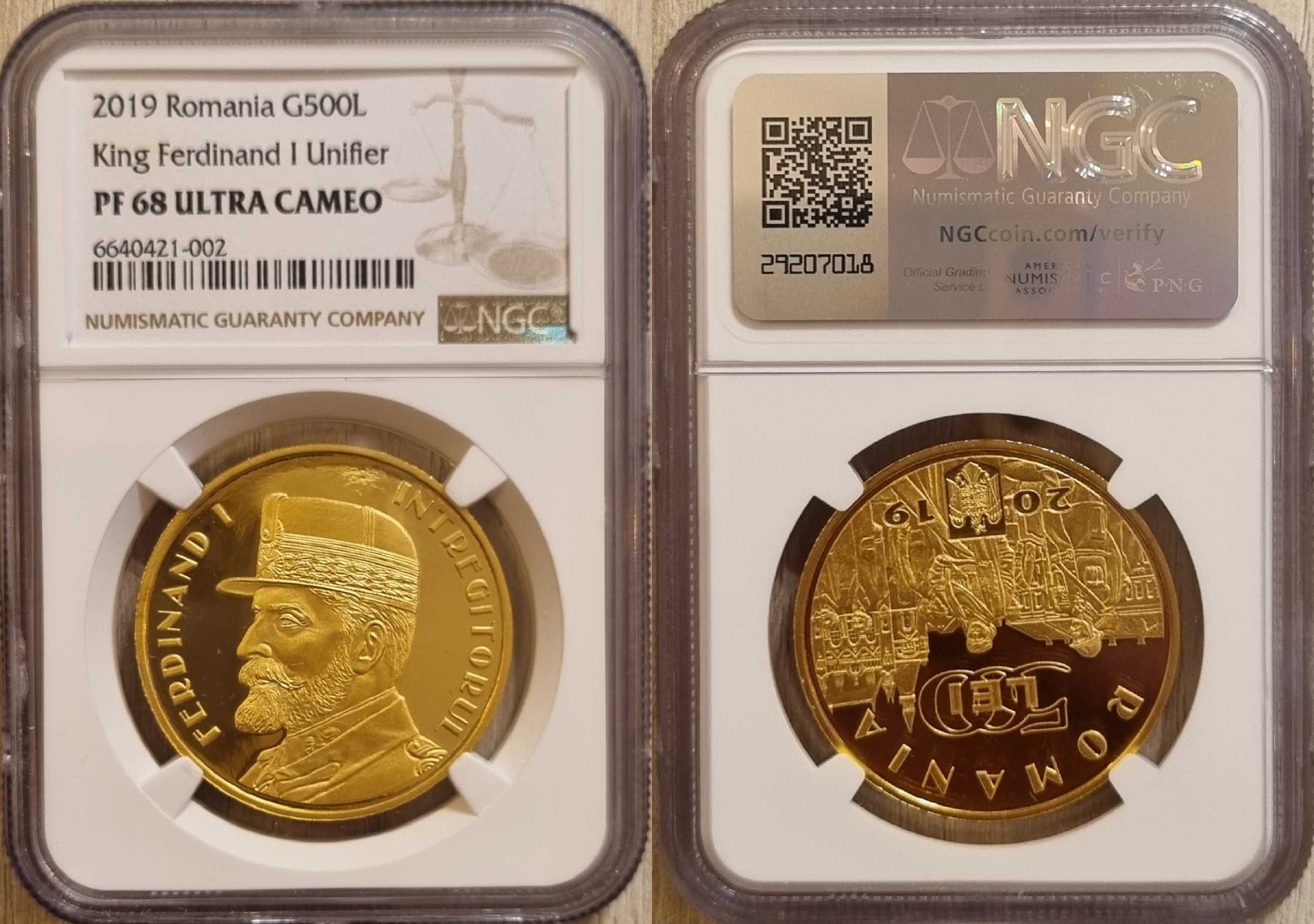 Moneda BNR 500 lei aur, Regele Ferdinand, gradata NGC PF 68