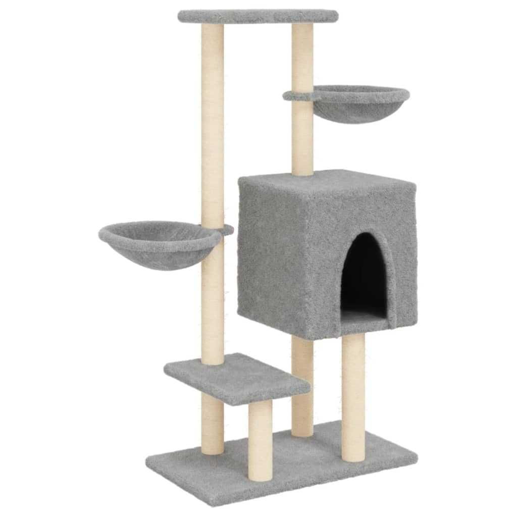 Котешко дърво с къщичка, 2 коша и платформи – 117 см, светлосиво