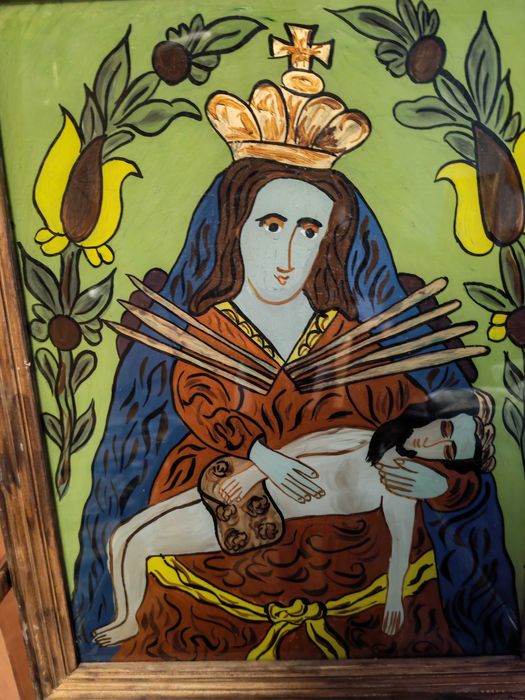 Icoana catolica poloneza veche, pictata pe sticla