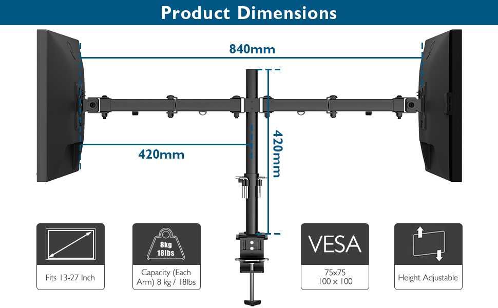 Suport dublu monitor 13-27 inchi max 8kg VESA 75x75-100x100mm