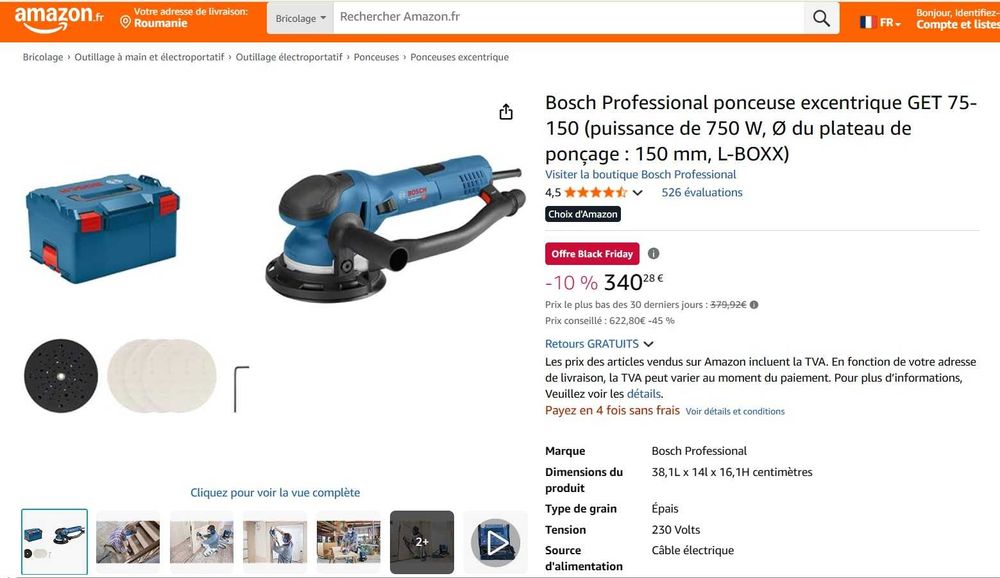 Șlefuitor excentric Bosch Professional GET 75-150, putere 750 W