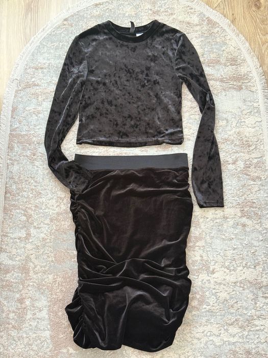 Кадифен Топ нов , висока талия пола и топ кадифена блуза с дълъг ръкав