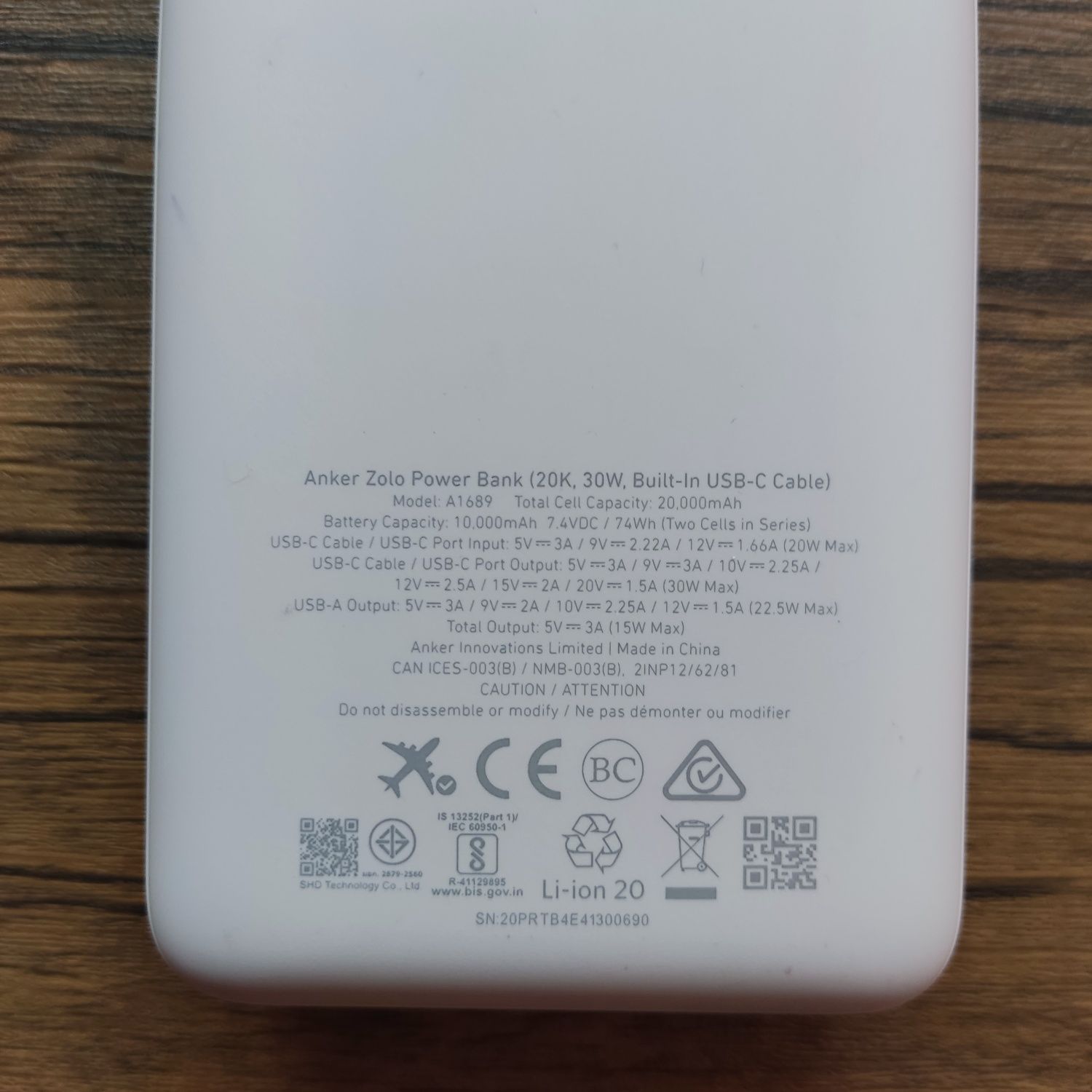 Anker Zolo Power Bank (20K, 30W, built-in USB-C cable) -- RECALLED