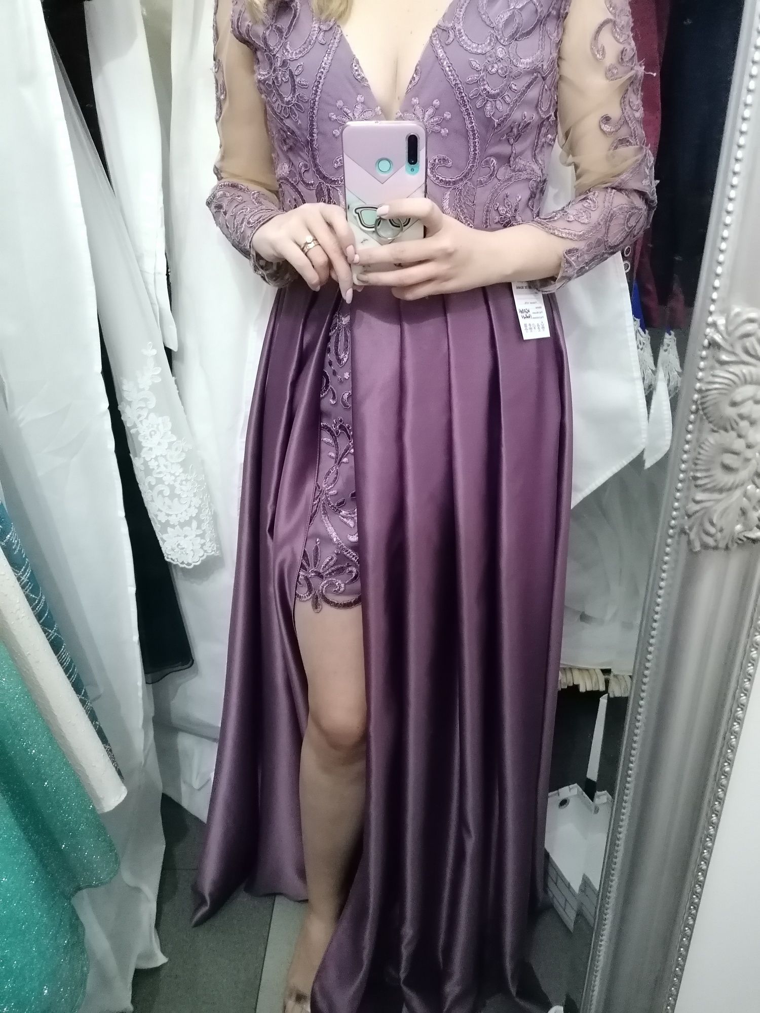 Rochie de ocazie / nașă, mov, satin & dantela, transp.inclus