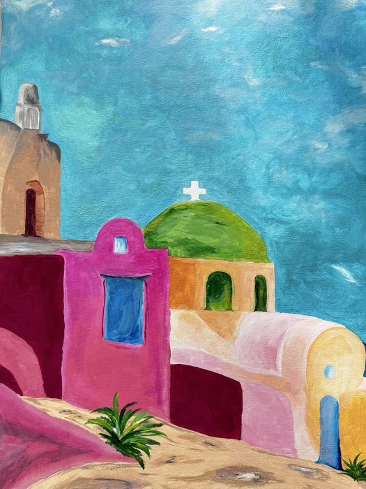 Tablou acrilic 50x70 cm Peisaj mediteranean colorat, pictat manual