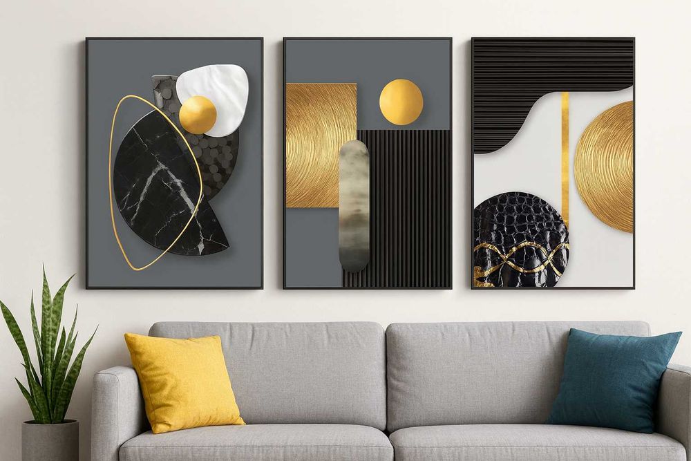 Set 3 Tablouri Canvas Geometrice cu accente aurii – 30x40 cm fiecare