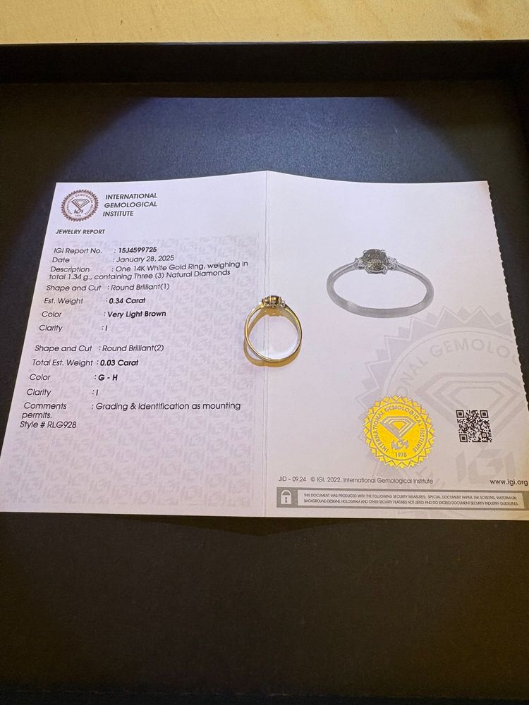 Inel Aur Alb 14k cu Diamant champagne natural cu ceritificat IGI