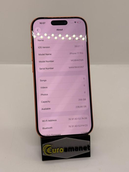 Telefon mobil Apple iPhone 17 Pro, 256GB, 5G, Cosmic Orange, 100% -A-