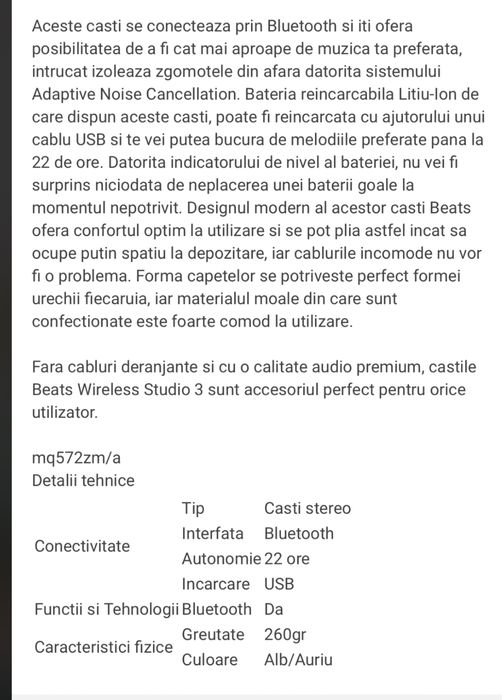 Casti beats studio 3 wireless albe originale