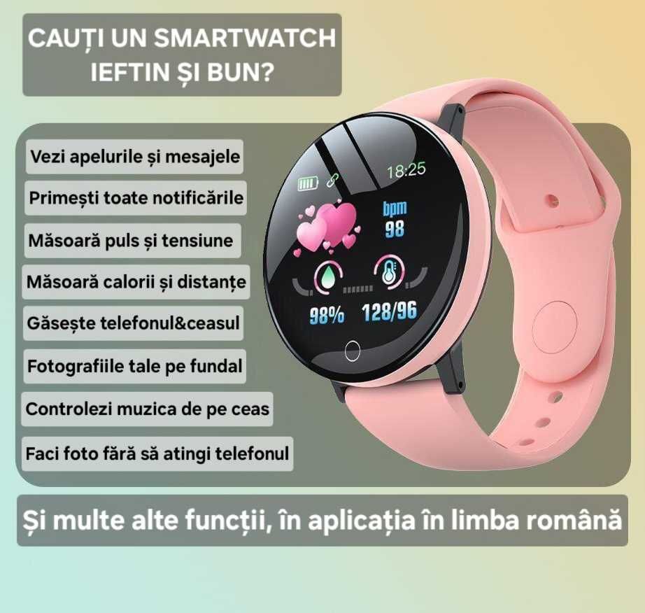 Smart watch performant. Waterproof, fitness, sănătate, somn etc. Roz