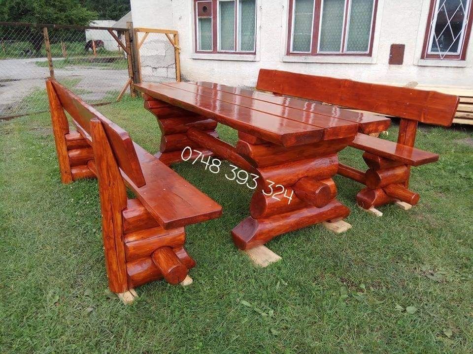 Mobilier  rustic  set masa cu băncuțe scaune lemn masiv