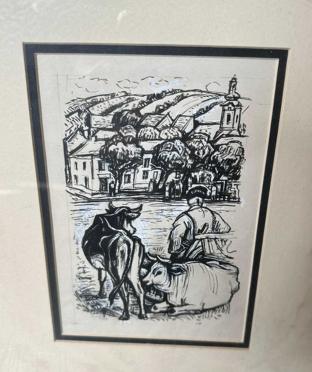 Tablou Catul Bogdan, La păscut, desen tuș pe hârtie