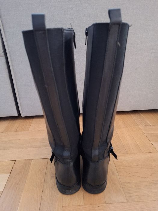 Ботуши Черна  кожа   ; Eva Minge, 36,  бежови естествен велур, НОВИ