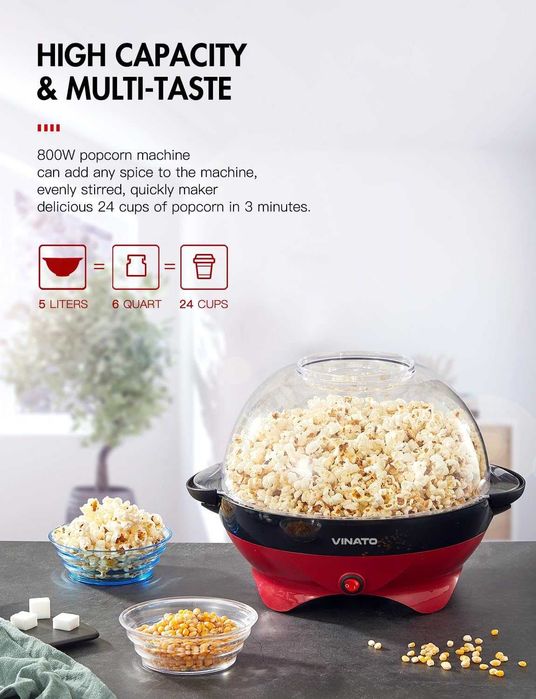 Машина за пуканки VINATO Popcorn Machine 5L с незалепващо покритие