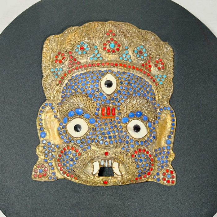 Masca antica tibetana traditionala Buddha Mahakala, turcoaze, coral