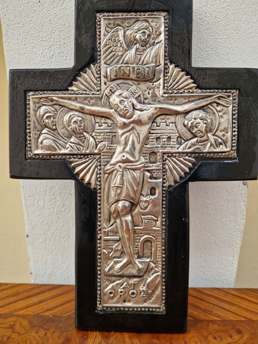 Страхотна антикварна сребърна икона кръст сертификат