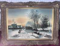 Tablou nocturn rustic – Pictură în ulei cu peisaj tradițional