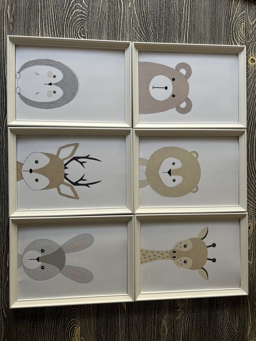 6 броя принт визии с рамки за детска стая - сладки животинки.