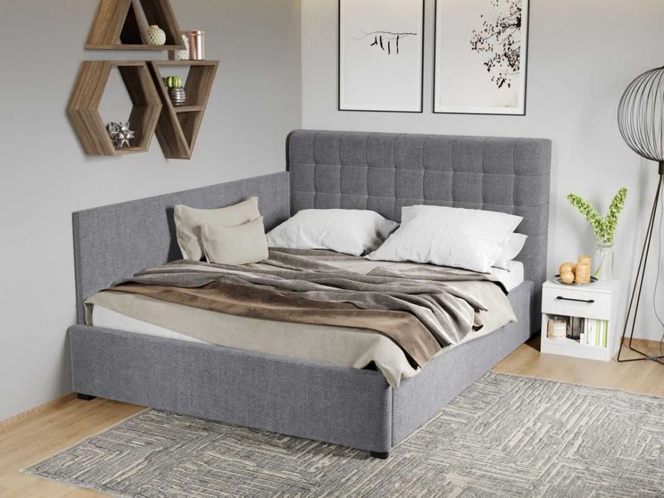 Pat Tapitat de colt Rivo Gri somiera rabatabila si lada de depozitare