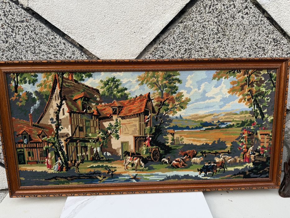 ФРЕНСКИ ВНОС: винтидж машинен гоблен „Селски пейзаж“
