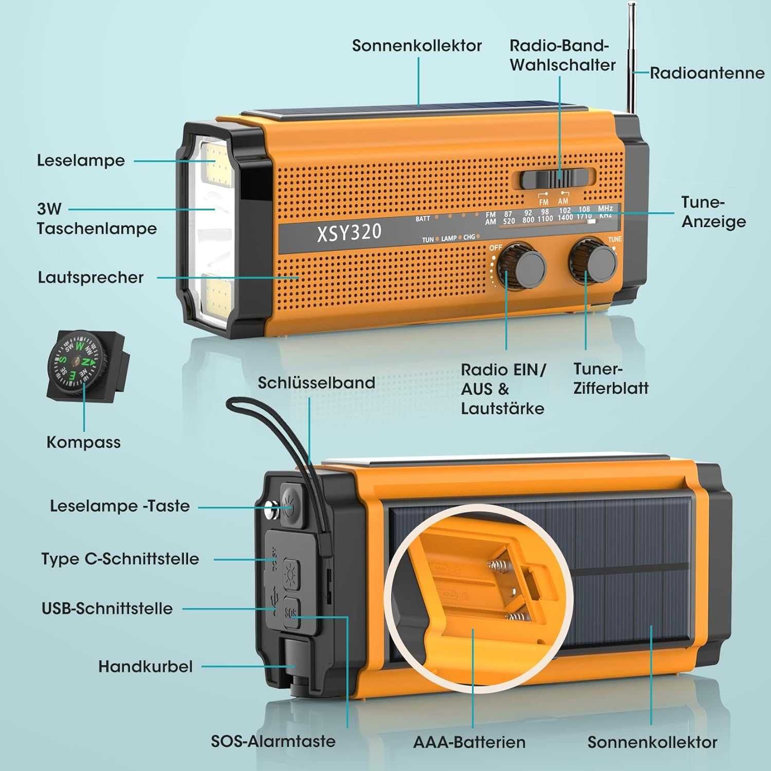 Power Bank cu Radio LED Panou Solar 5000mAh Alarma SOS etc.