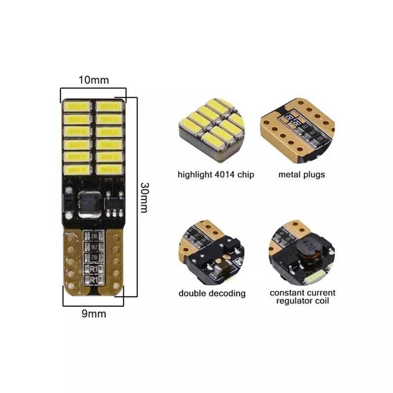 Комплект от 2 броя T10 Led ЛЕД крушки, W5W 12V, бяла светлина 6000K