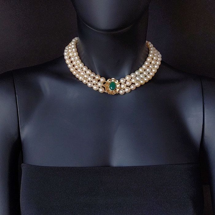 colier 3 rd. perle apa sarata, aur 18k, calcedonie, certif.